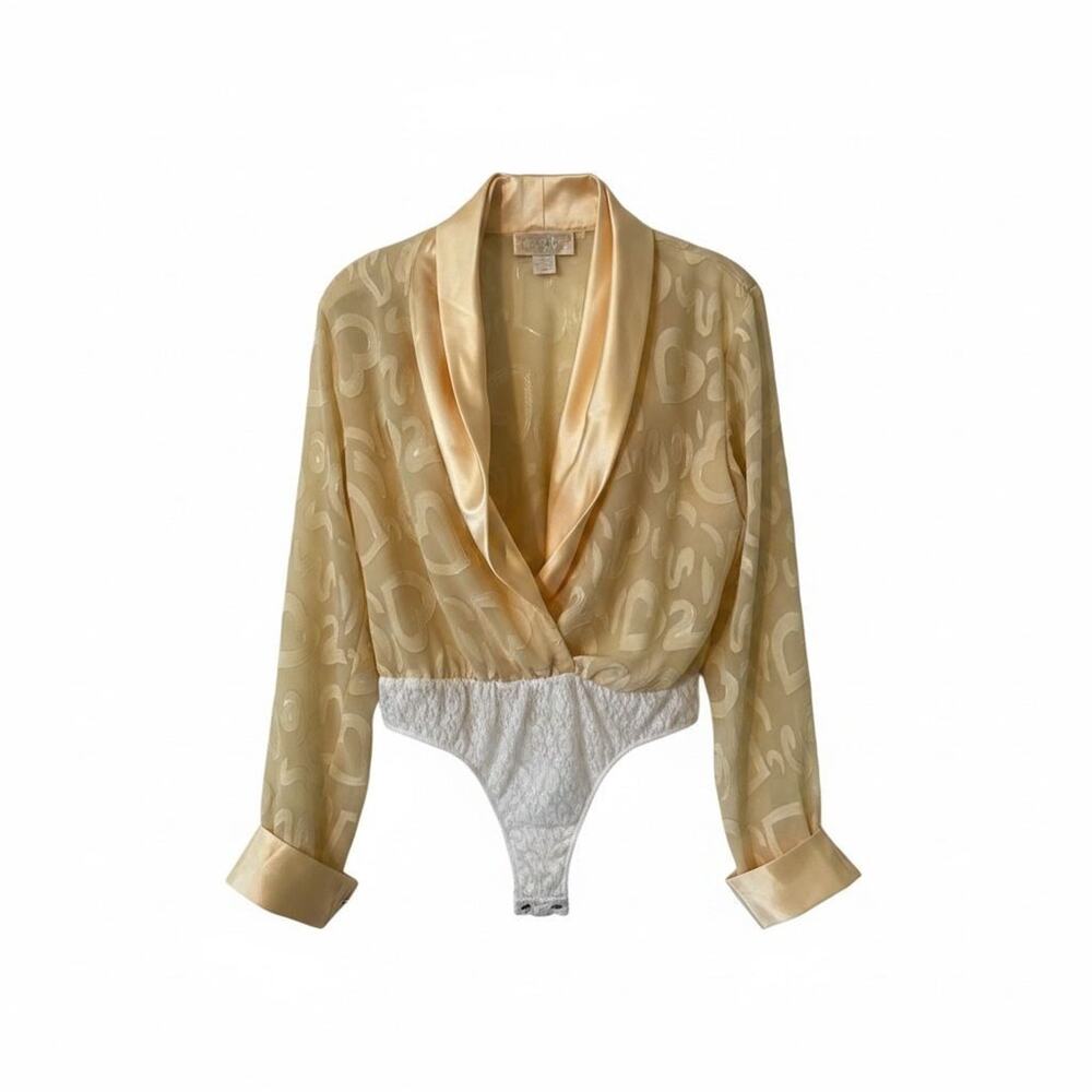 NWTGS Vintage Cache Satin/Sheer/Lace Yellow Plunging Neckline Bodysuit SZ M